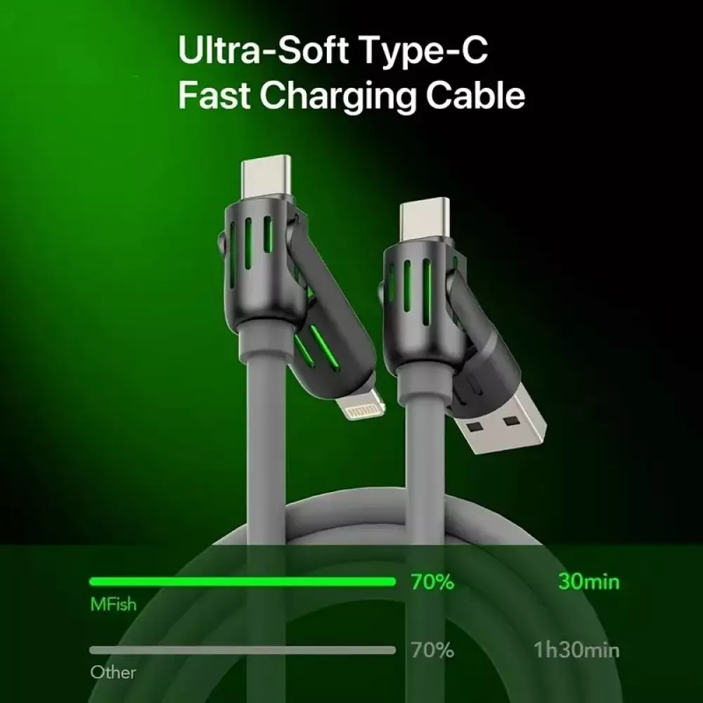 USB 4-in-1 Schnelllade-Kabel 30W | USB-C zu USB anti-verwickelndes Silikon RGB-LED Multi-Geräte-Kompatibilität und langlebig (2 m) - Grau